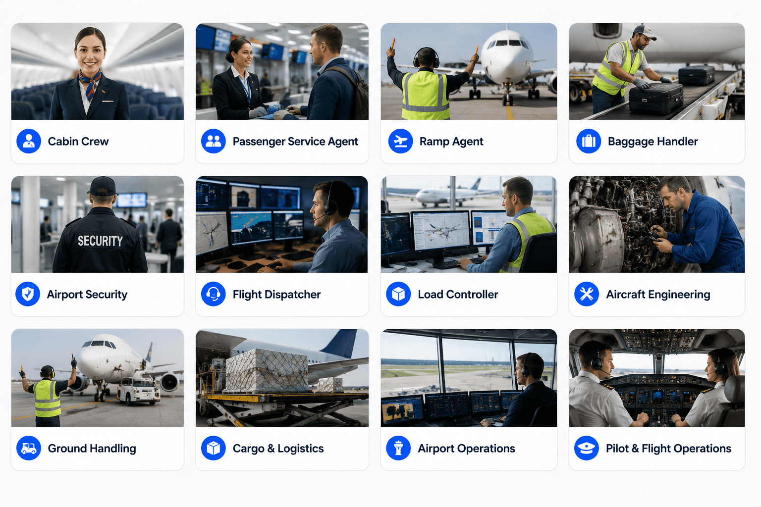 AirportCV aviation career roles including cabin crew, passenger service, ramp, baggage, security, dispatch, load control, engineering, cargo, airport operations, pilot and ground handling